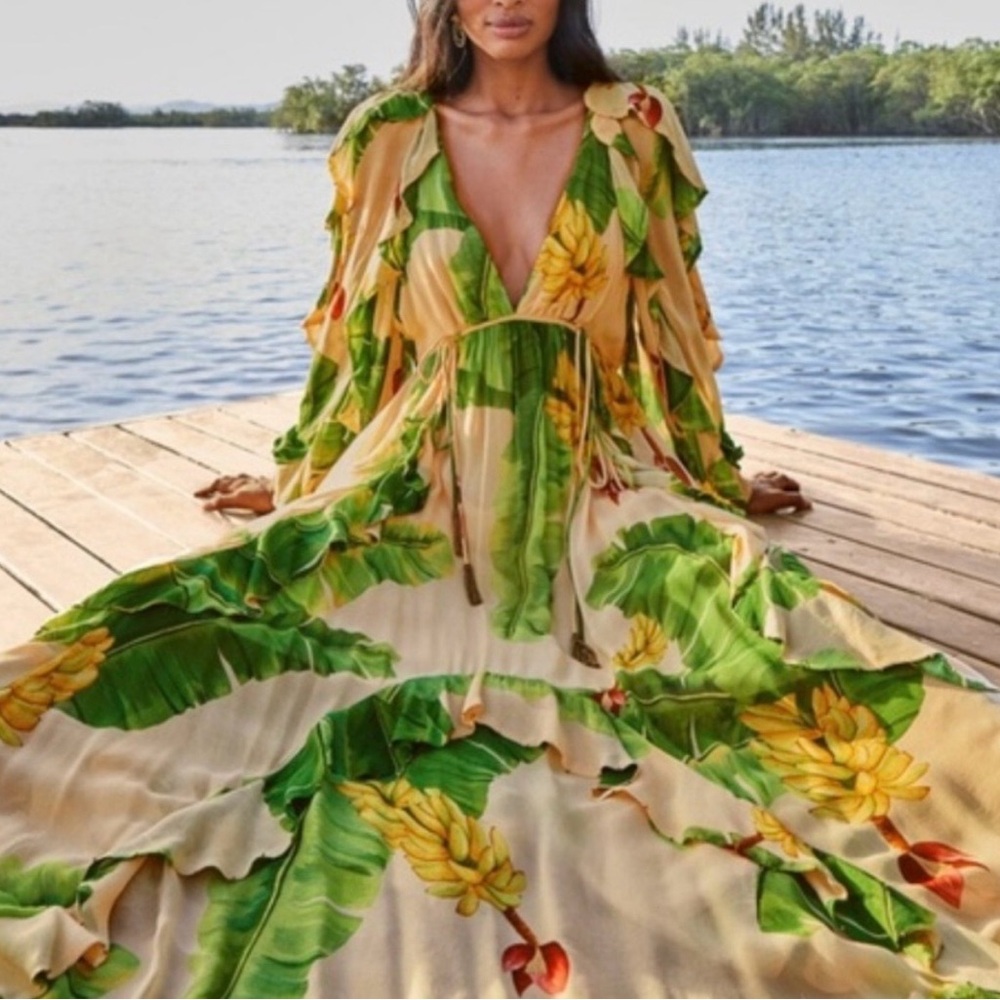 FARM RIO Beige Fresh Bananas Maxi Dress $395